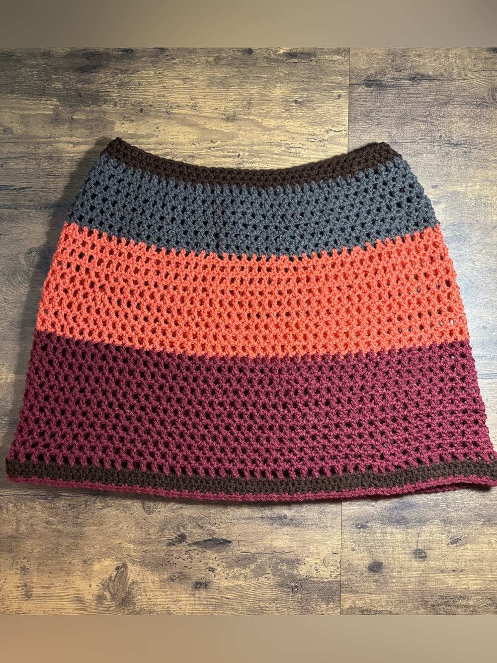 Handcrafted Striped Crochet Poncho - Gray, Orange, Burgundy, Brown S/M Fall Boho